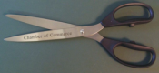 Custom imprinted ribbon cutting scissors.  Laser engraved logos and messages on the blades of the scissors.